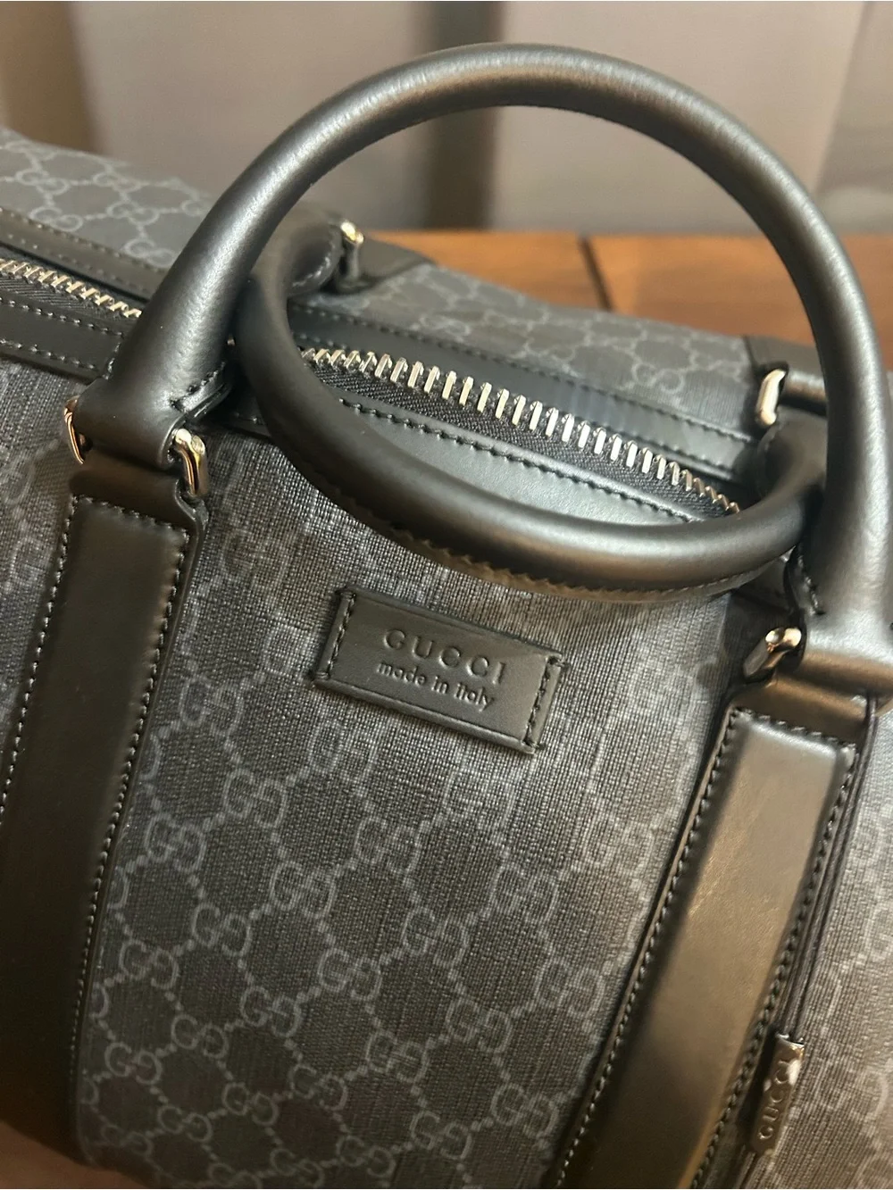 Large Gucci Black Tonal GG Duffel Bag with Black Trim. New with tags.